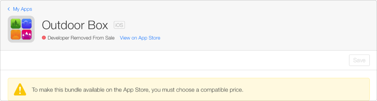 A warning message “To make this bundle available on the App Store, you must choose a compatible price.” is displayed on the App bundle detail page