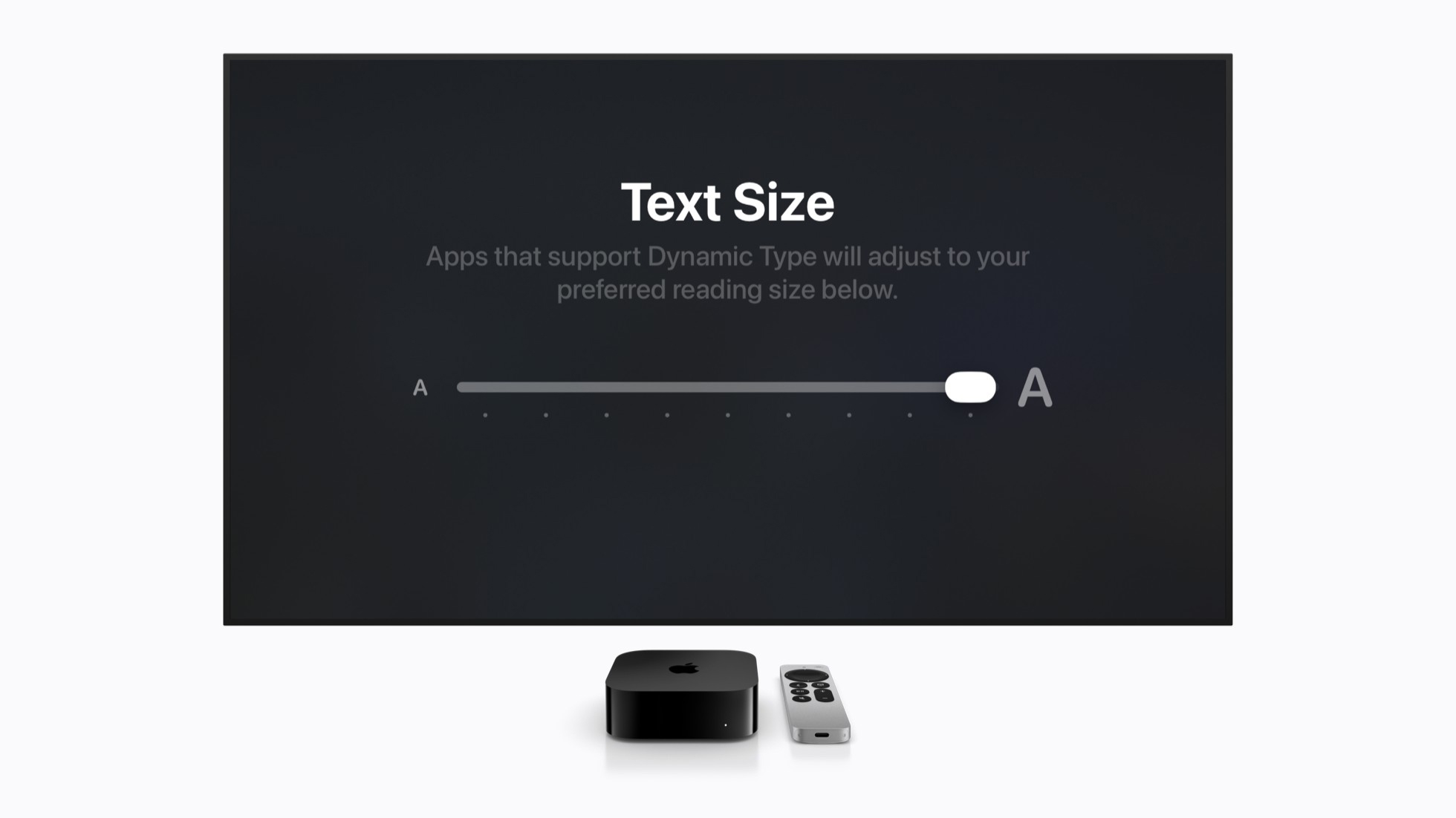 “더 큰 텍스트” 크기 조정 오버레이 화면을 표시 중인 Apple TV를 보여주는 이미지입니다.