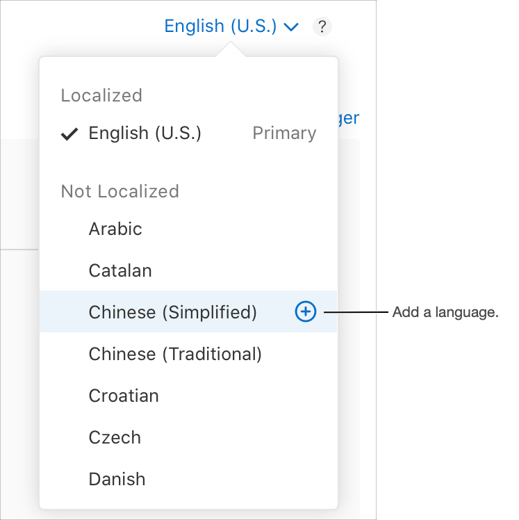 The language menu on the app platform detail page. A language is highlighted and add botton is displayed next to the language name.