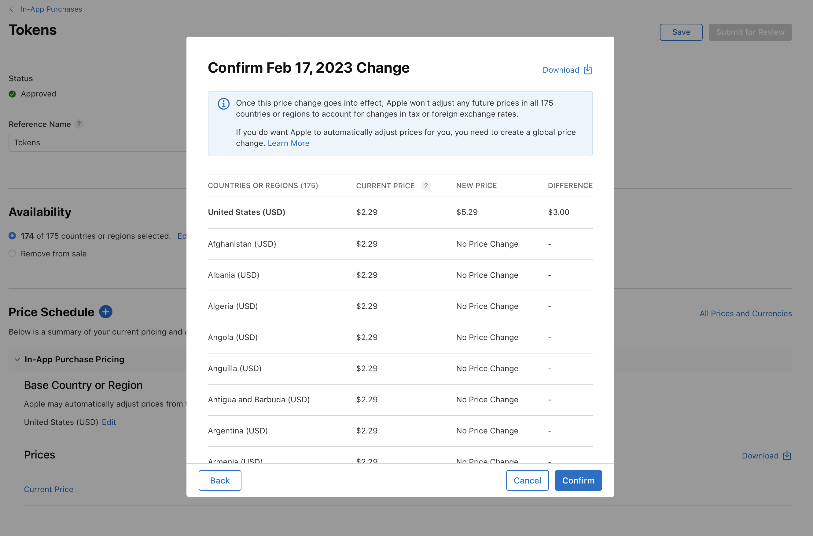 Screenshot of app store price change confirmation pop-up window. Displays current and new prices for countries or regions. Buttons for navigation include Back, Cancel, and Next.