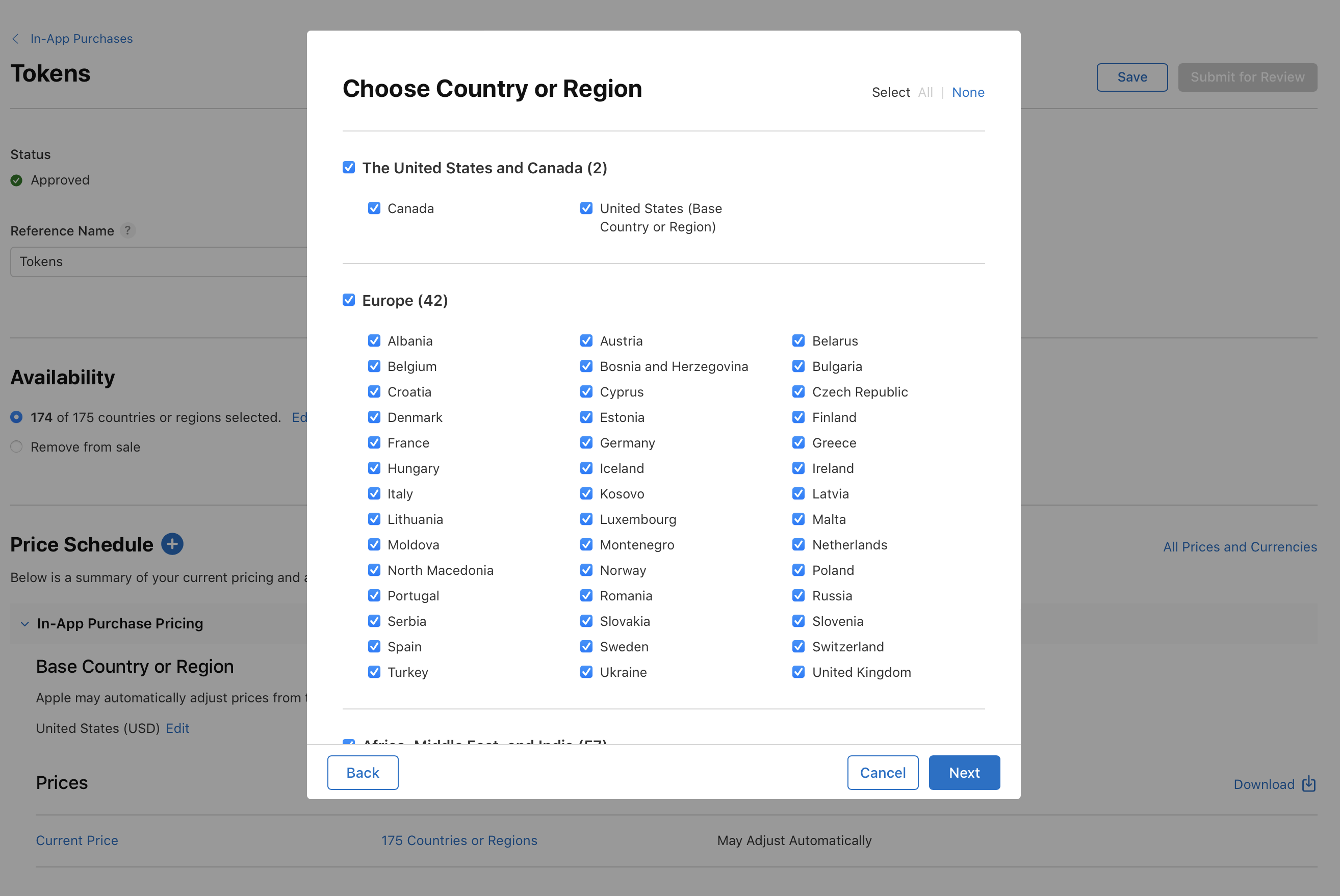 Screenshot of a pop-up window for selecting countries or regions on the App Store Connect, with options to proceed using Back, Cancel, and Next buttons.