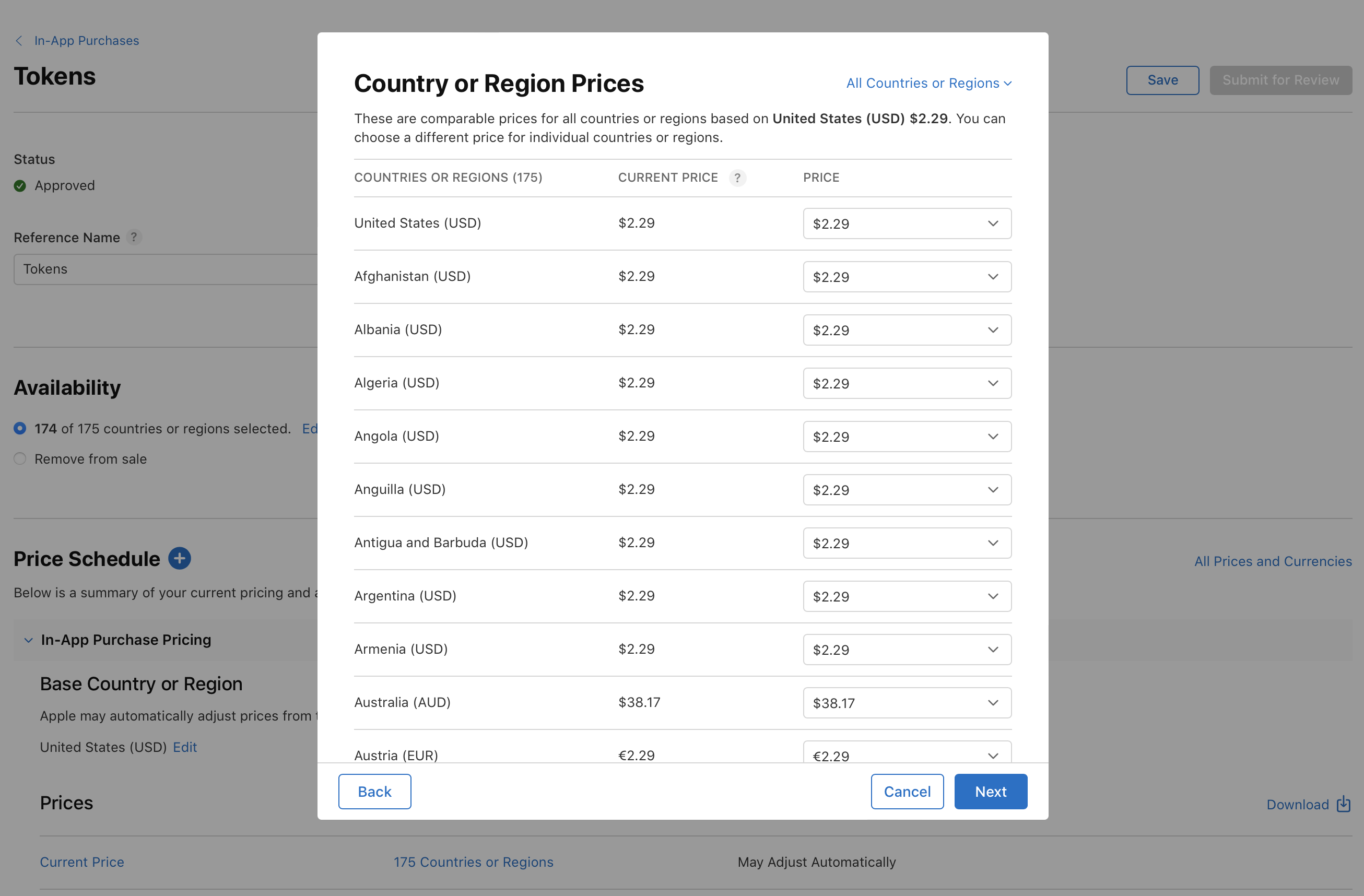 Screenshot of a pop-up window for selecting country or region prices on the App Store Connect. It shows the United States as the base country with a price of $2.29 and options to adjust prices for other countries. Buttons for Back, Cancel, and Next are at the bottom.