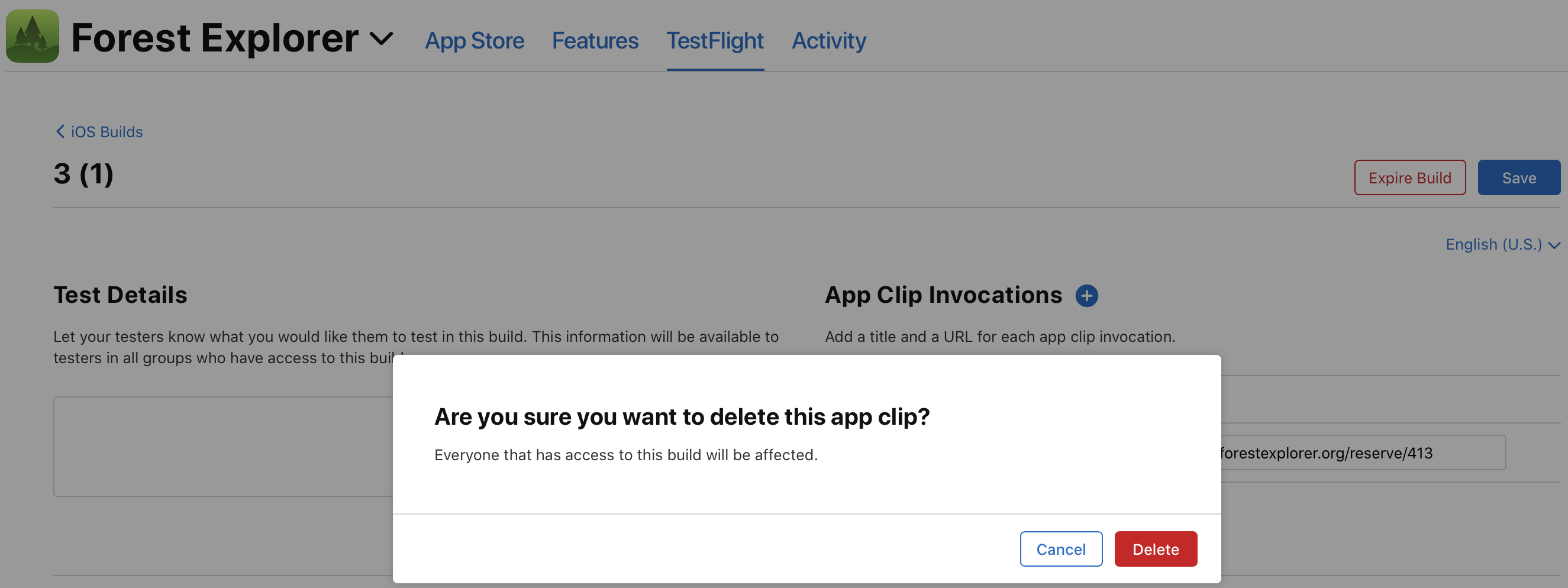 App clip delete confirmation