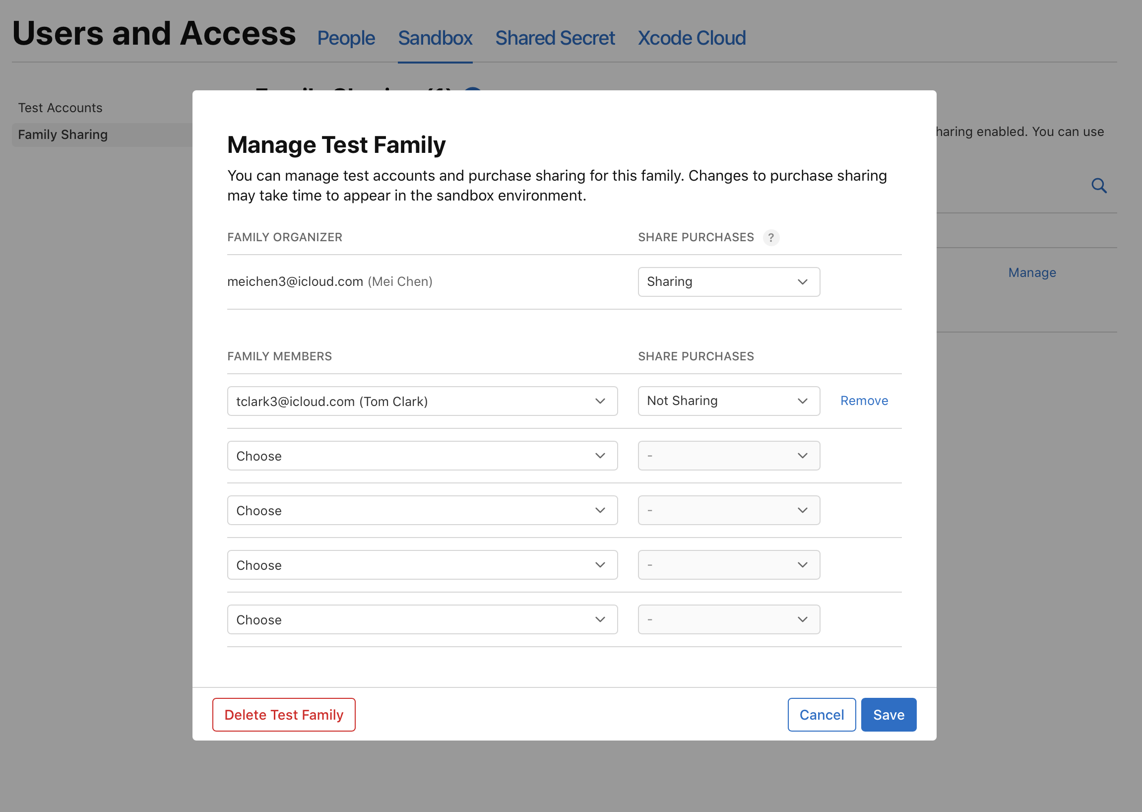 Family sharing page showing the 'manage test family' dialog, with 'Remove' link next to the first member.