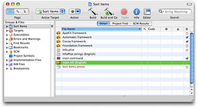 The project window of a shell script action