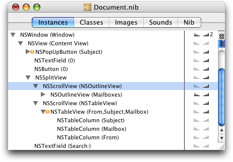 The Document.nib window in outline view