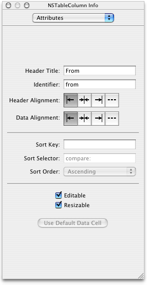 The Info window after entering a table column identifier