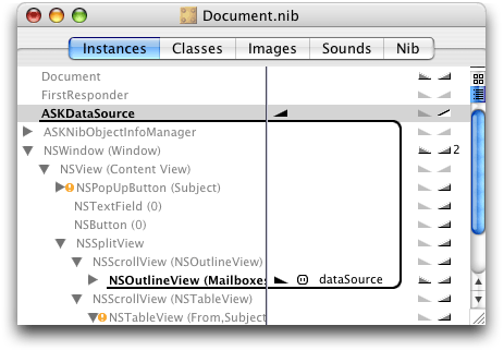 Connections for the NSOutlineView object