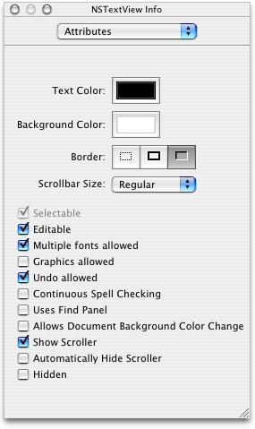 Attributes pane in Info window for text vie