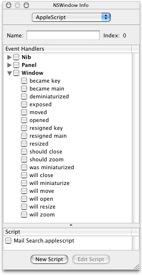 The Info window for the Mail Search window instance