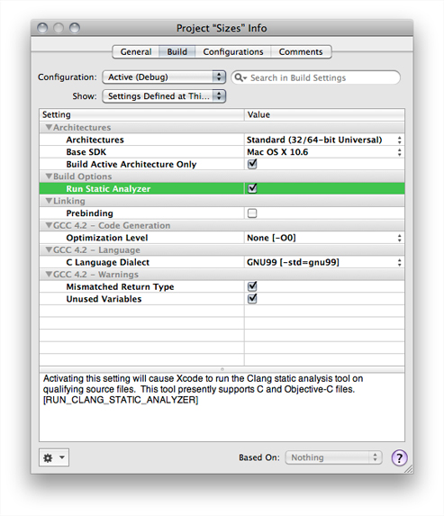 Build pane in Project Info window with the Run Static Analyzer build setting turned on and highlighted.