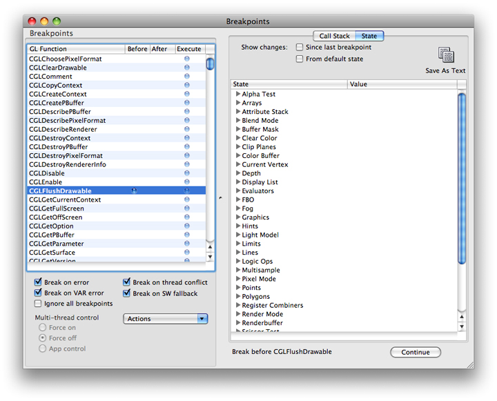 The Breakpoints window displaying OpenGL state variables