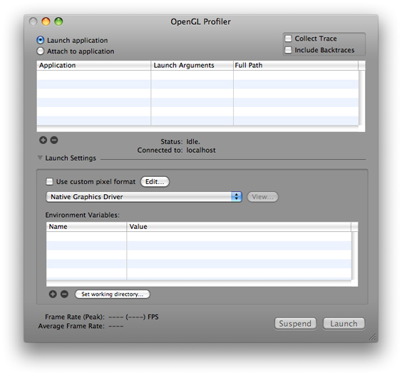 Launch Settings in the OpenGL Profiler window.