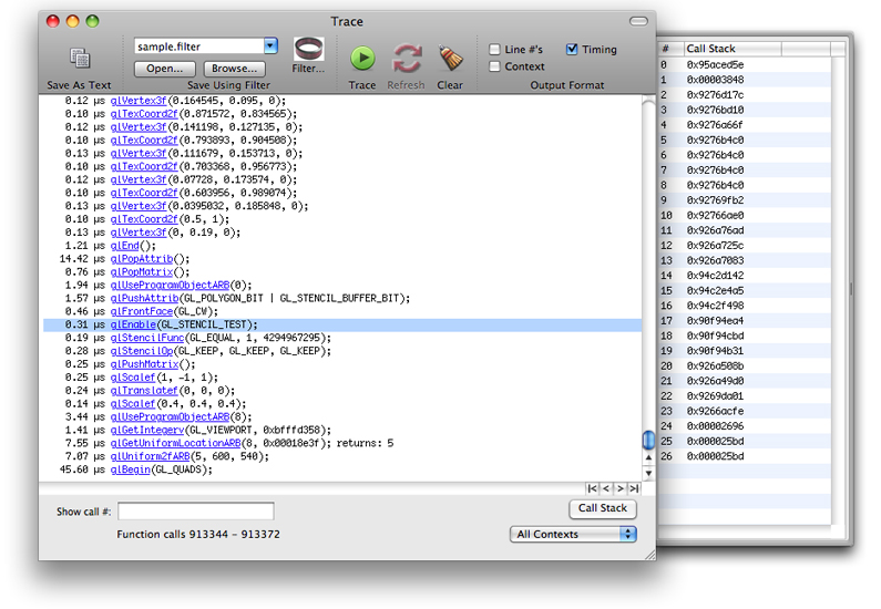 The Trace data window.