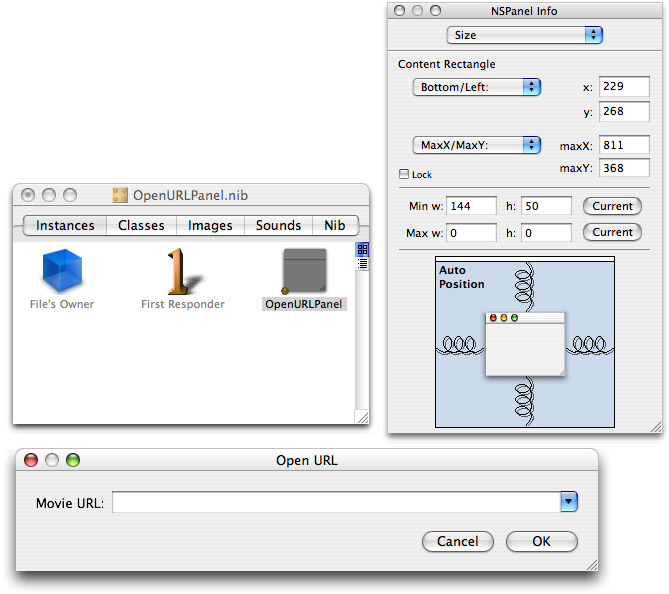 The size settings and spring positions in the OpenURLPanel object