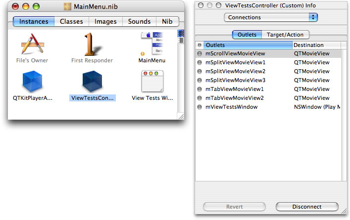 Outlet connections for the ViewTestsController