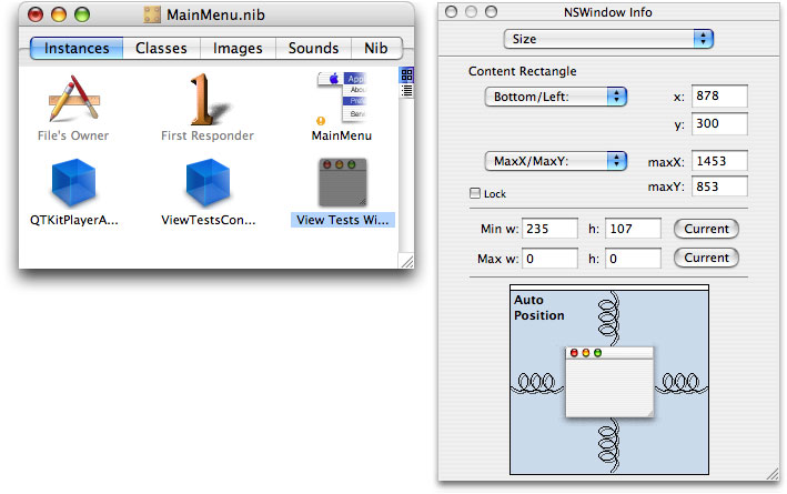 The size of the View Tests Window with the springs set