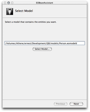 The Select Model pane of EOBeanAssistant