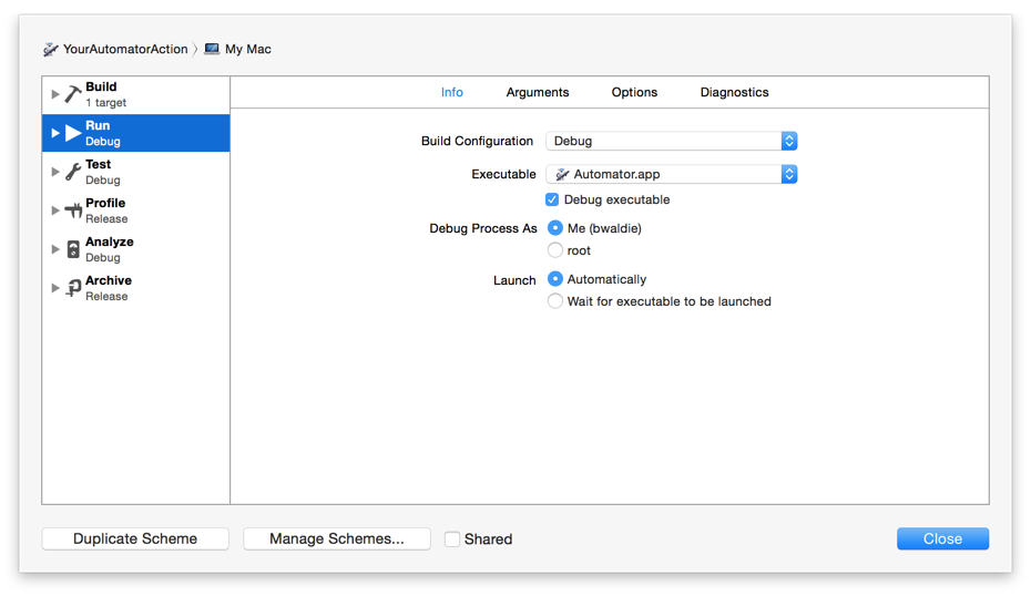 Technical Q&A QA1885: Testing an Automator Action Xcode Project