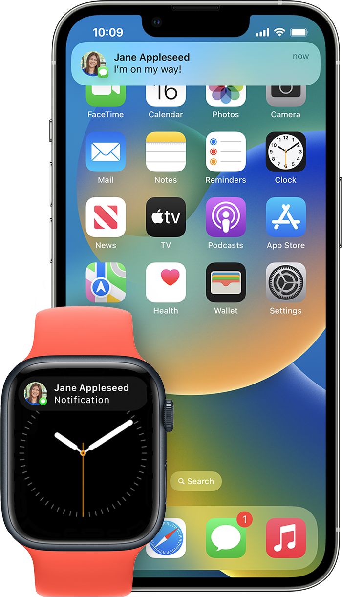 An Apple Watch and an iPhone 13 Pro side by side, each displaying a notification