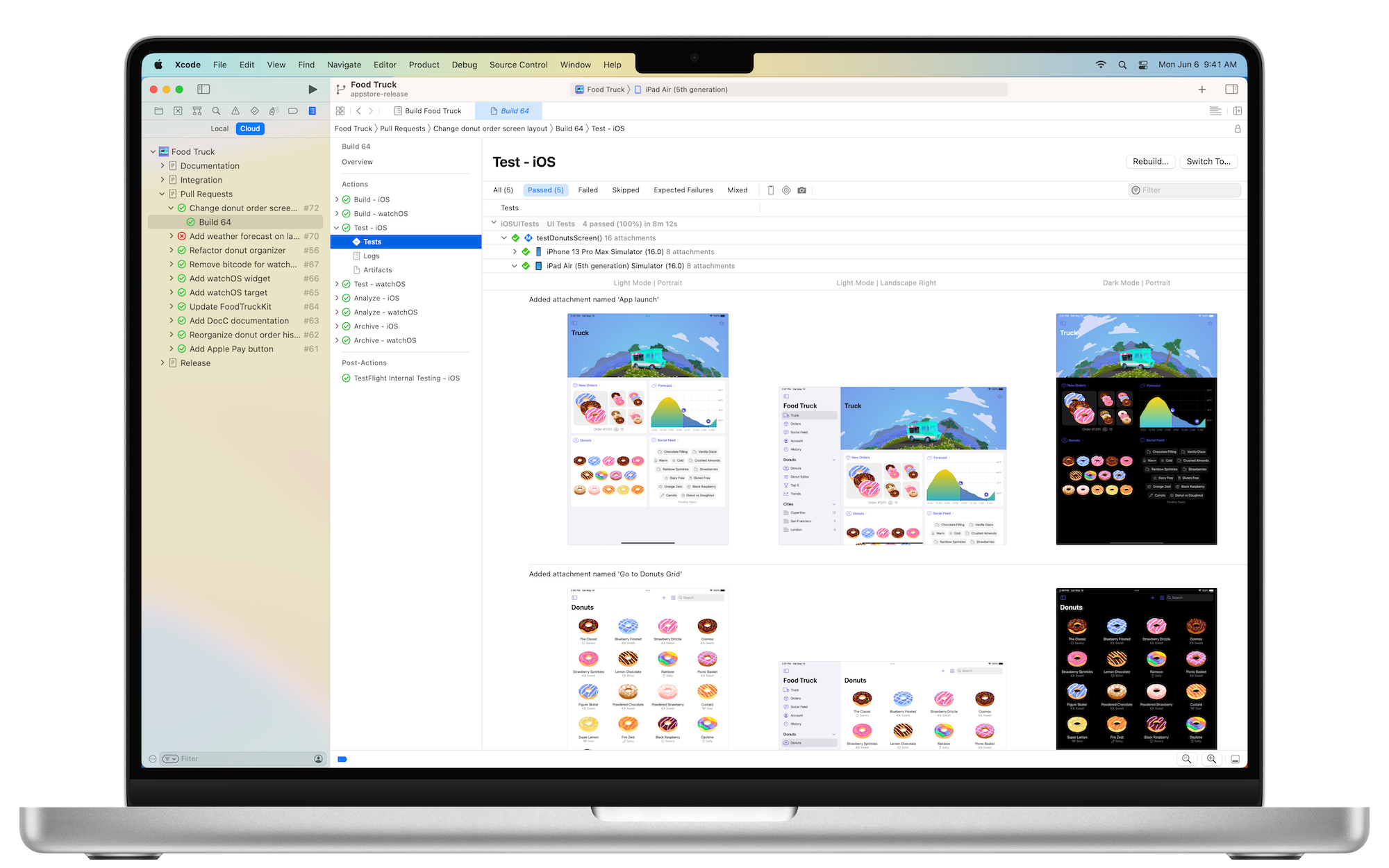 Xcode 예제 앱이 표시된 MacBook Pro