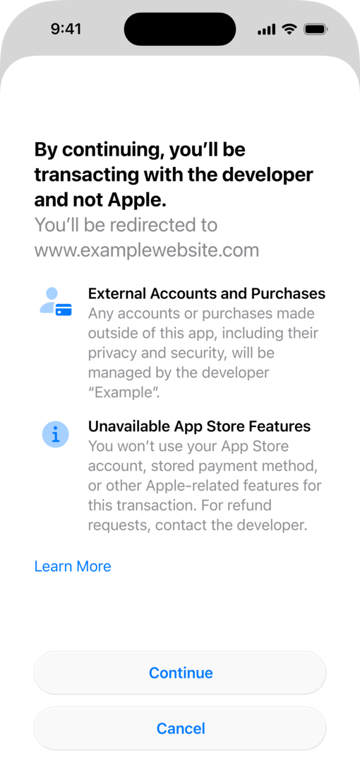 iPhone screen showing disclosure sheet for external website payment processing