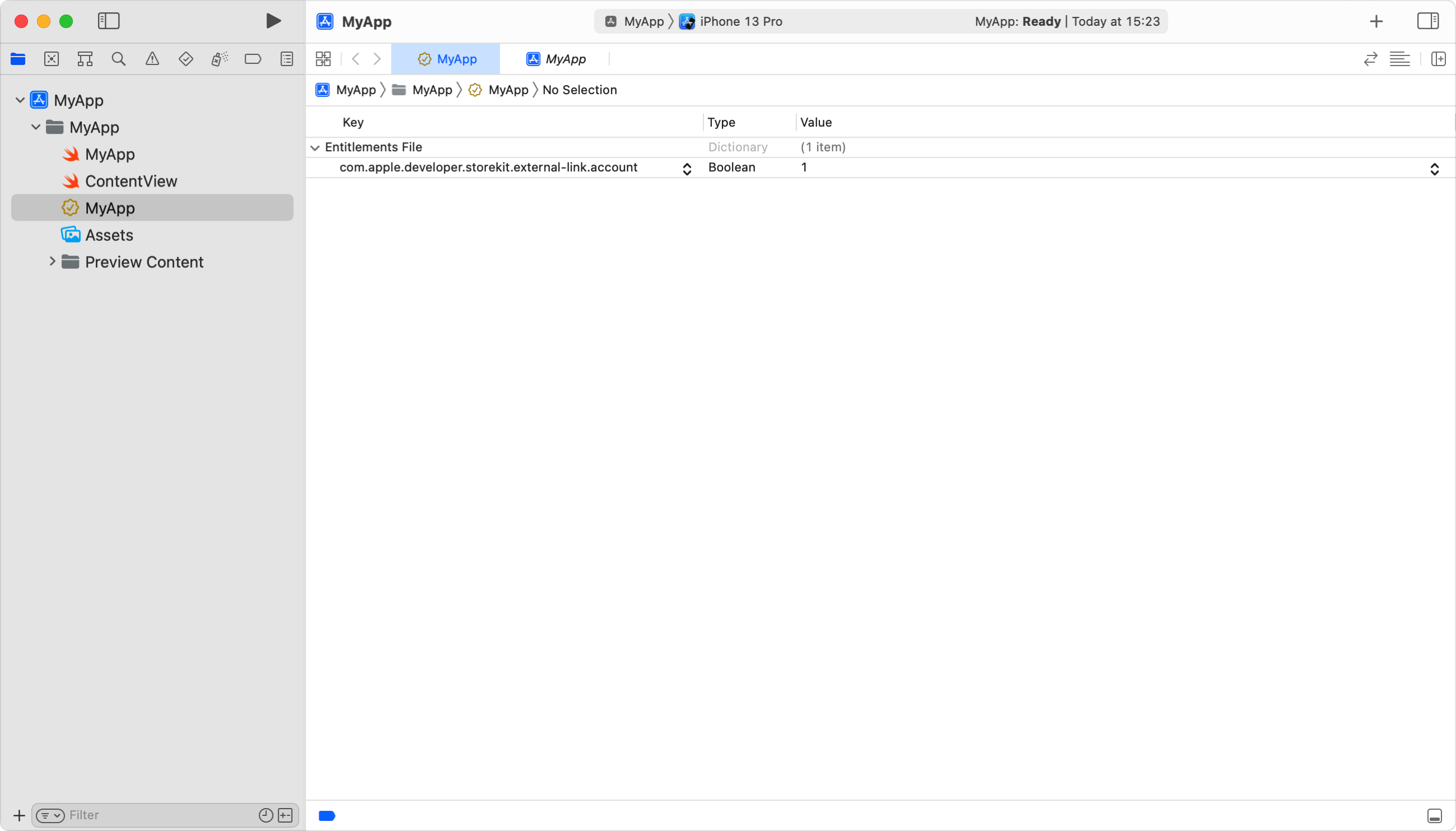 Screenshot of the entitlement being enabled in Xcode