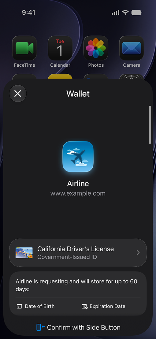 iPhone showing Wallet identity verification sheet for an airline app