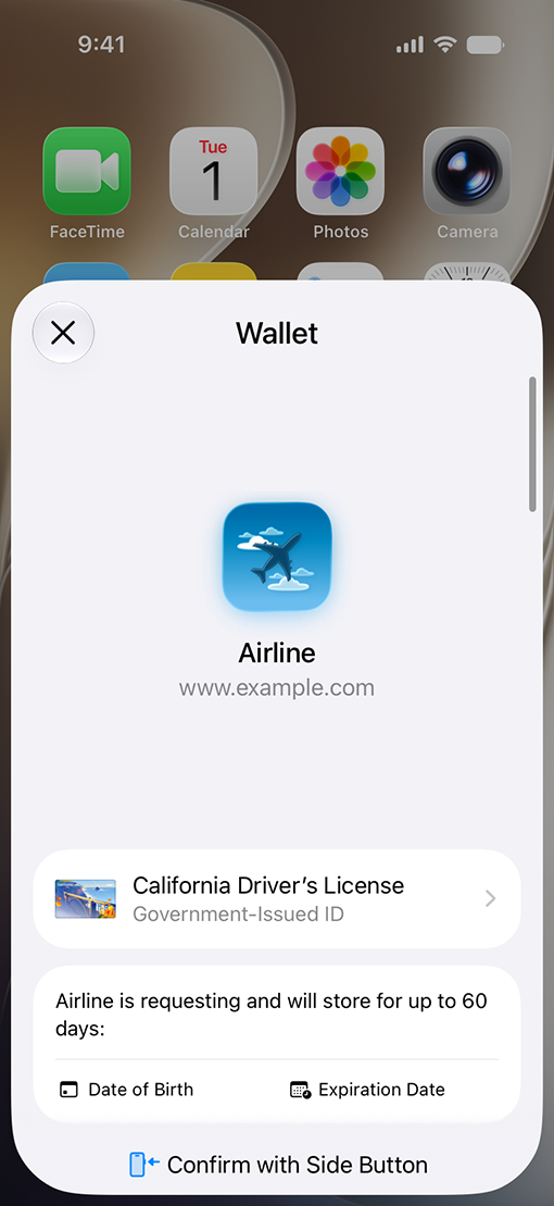 iPhone showing Wallet identity verification sheet for an airline app